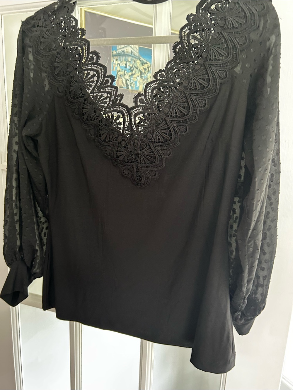 Venus Women's Black Lace-Trim Long Sleeve Top